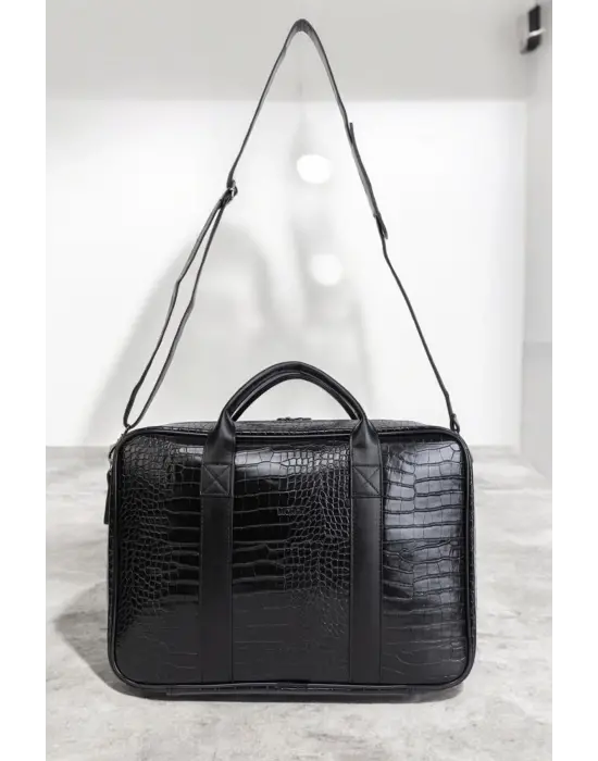 Unisex Lüx Macbook Organizer 15.6-16 İnç Kroko Siyah Laptop Evrak Çantası