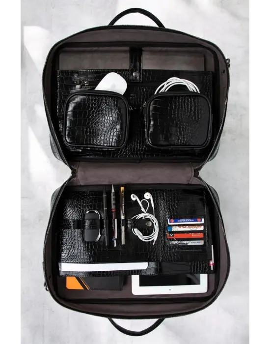 Unisex Lüx Macbook Organizer 15.6-16 İnç Kroko Siyah Laptop Evrak Çantası