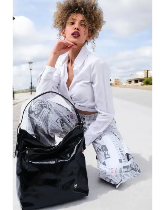 Suni Deri Lüx Kadın Rugan Siyah Omuz Çantası