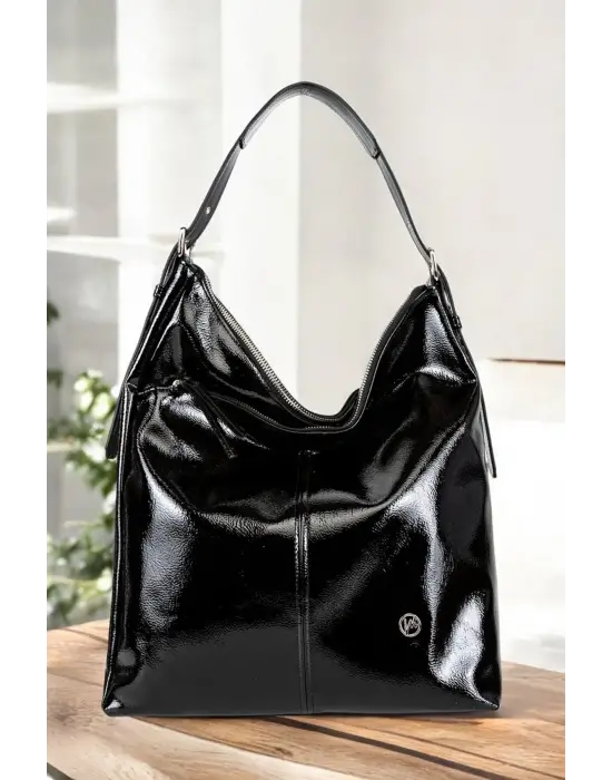 Suni Deri Lüx Kadın Rugan Siyah Omuz Çantası