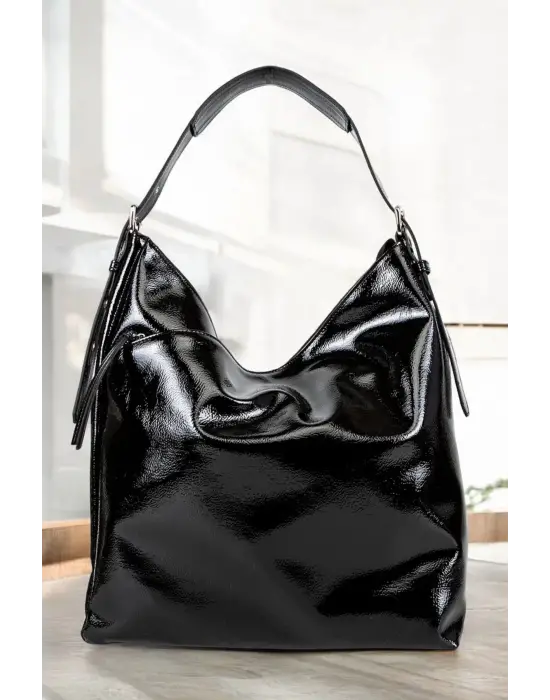 Suni Deri Lüx Kadın Rugan Siyah Omuz Çantası