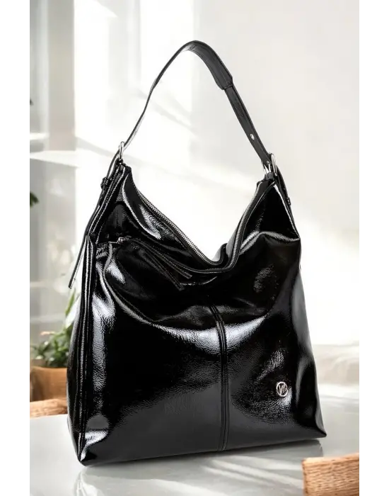 Suni Deri Lüx Kadın Rugan Siyah Omuz Çantası