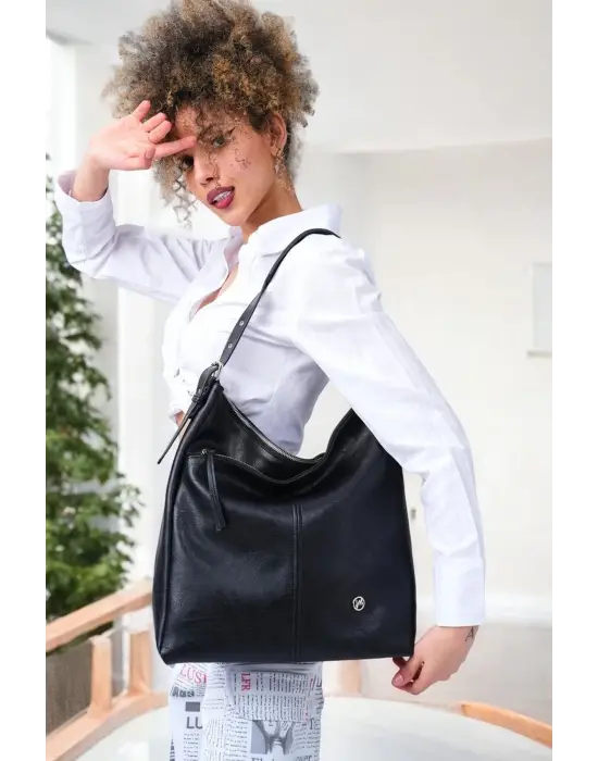 Suni Deri Lüx Kadın Siyah Omuz Çantası