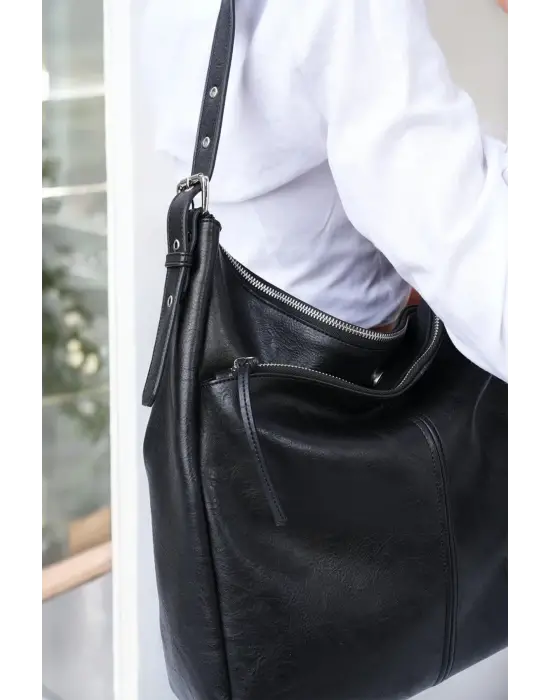 Suni Deri Lüx Kadın Siyah Omuz Çantası