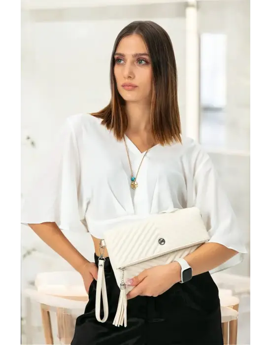 Uzun Askılı Kadın Ekru Clutch Portföy Çantası