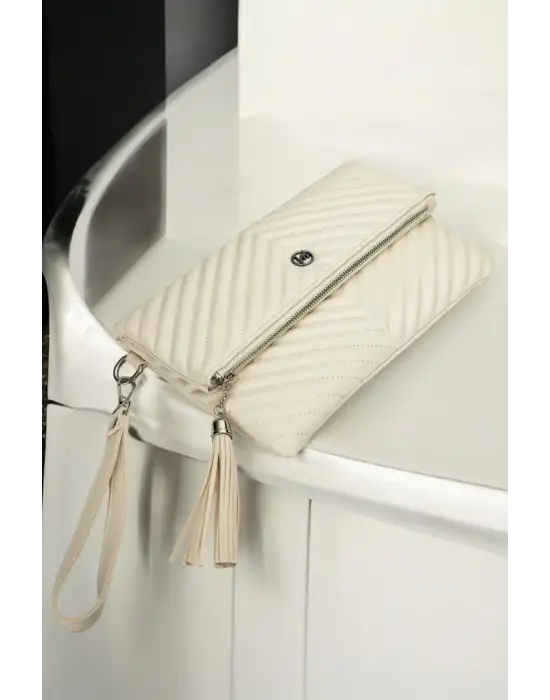 Uzun Askılı Kadın Ekru Clutch Portföy Çantası