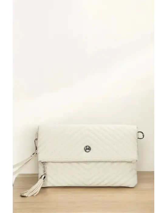 Uzun Askılı Kadın Ekru Clutch Portföy Çantası