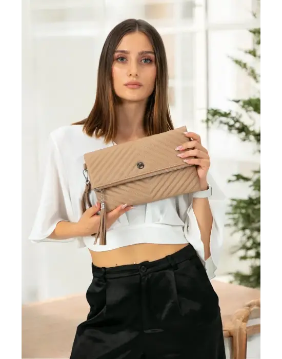 Uzun Askılı Kadın Vizon Clutch Portföy Çantası