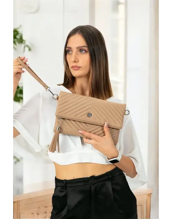 Uzun Askılı Kadın Vizon Clutch Portföy Çantası