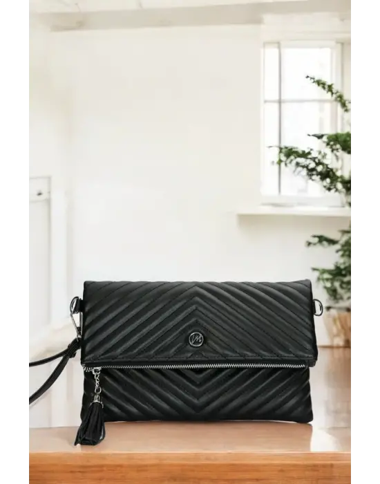 Uzun Askılı Kadın Siyah Clutch Portföy Çantası