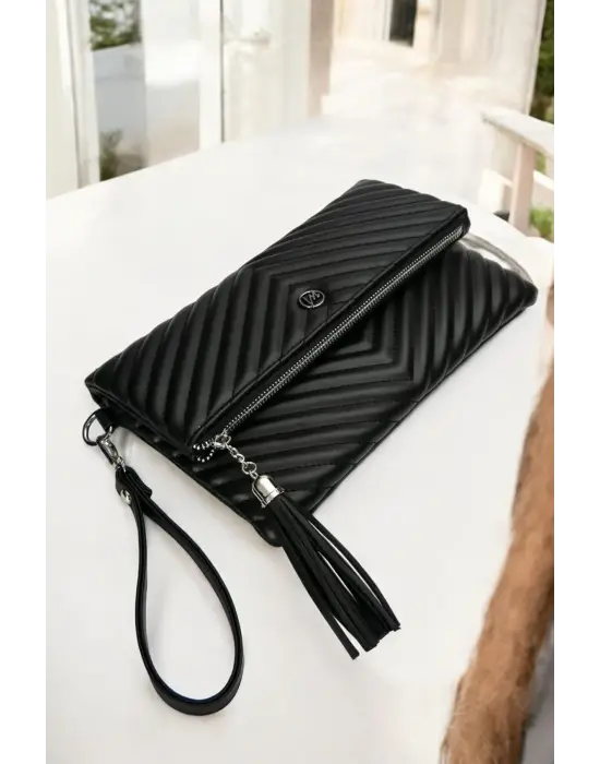 Uzun Askılı Kadın Siyah Clutch Portföy Çantası