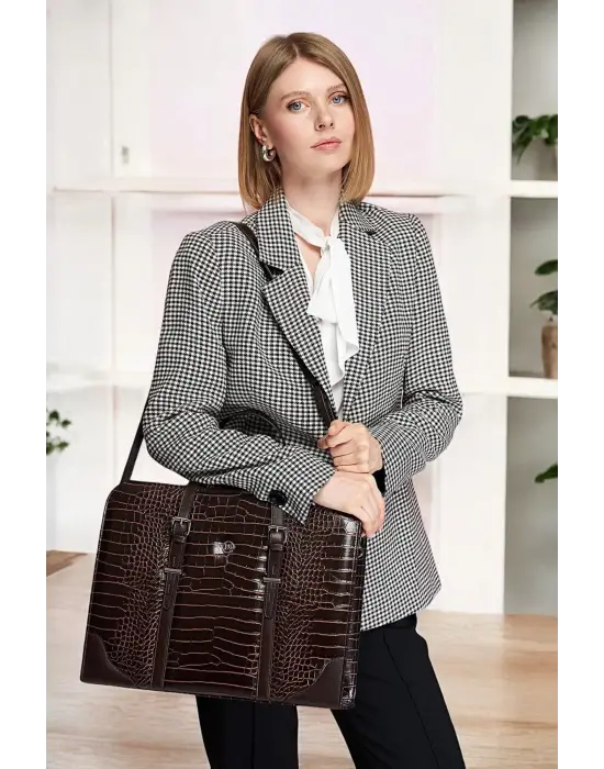 Unisex Lüx 14-15.6 inç Kroko Kahverengi Ofis Evrak Laptop Çantası