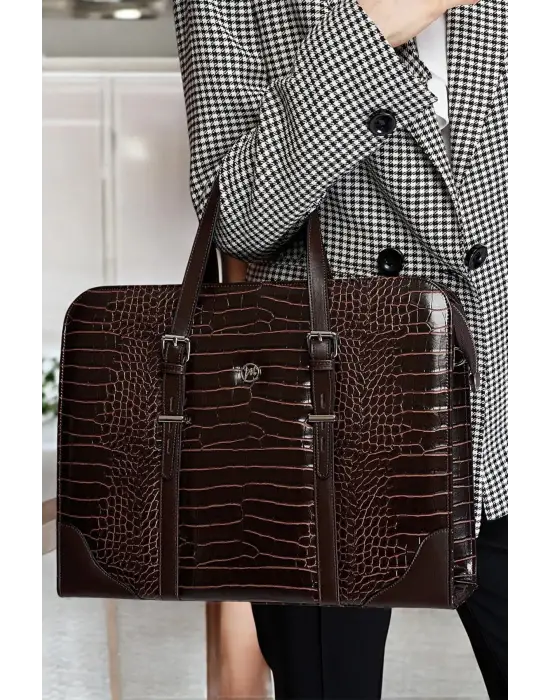Unisex Lüx 14-15.6 inç Kroko Kahverengi Ofis Evrak Laptop Çantası