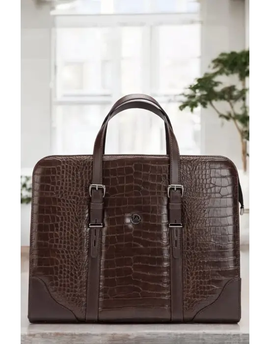 Unisex Lüx 14-15.6 inç Kroko Kahverengi Ofis Evrak Laptop Çantası