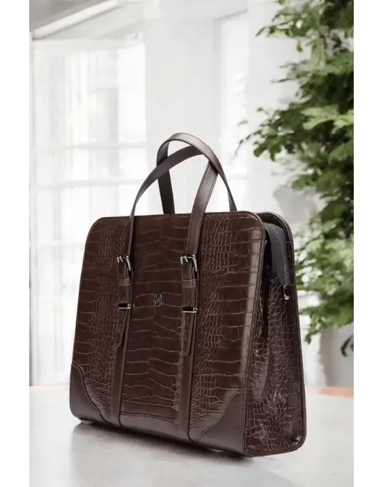 Unisex Lüx 14-15.6 inç Kroko Kahverengi Ofis Evrak Laptop Çantası