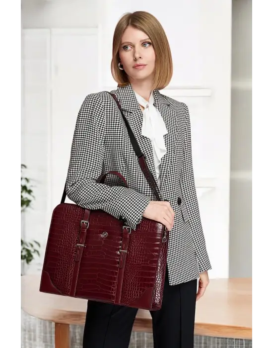 Unisex Lüx 14-15.6 inç Bordo Kroko Ofis Evrak Laptop Çantası