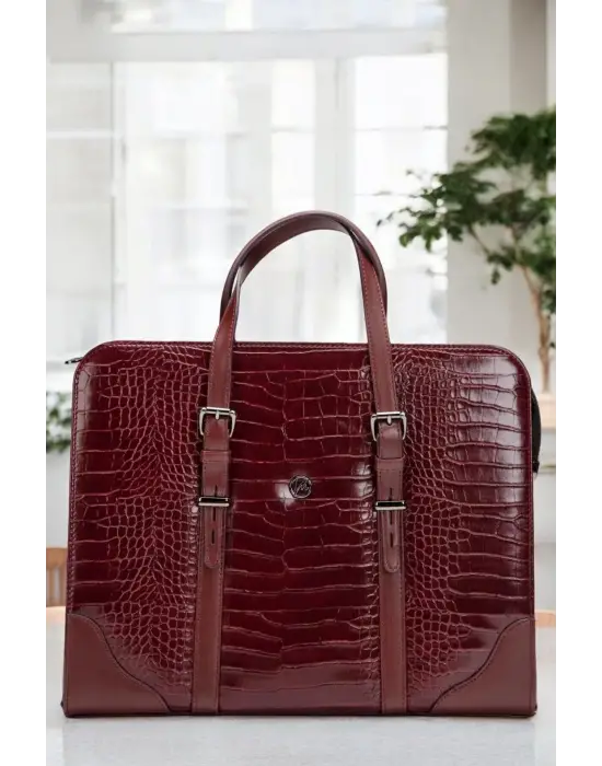 Unisex Lüx 14-15.6 inç Bordo Kroko Ofis Evrak Laptop Çantası