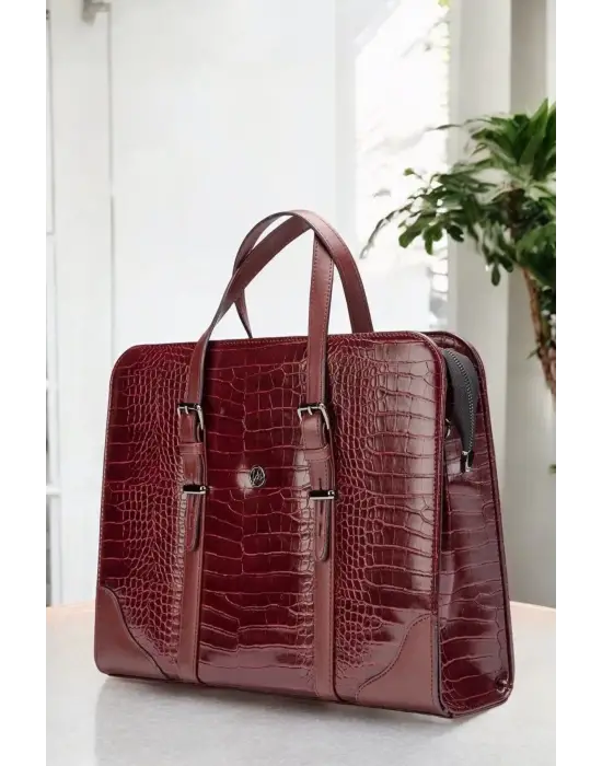 Unisex Lüx 14-15.6 inç Bordo Kroko Ofis Evrak Laptop Çantası
