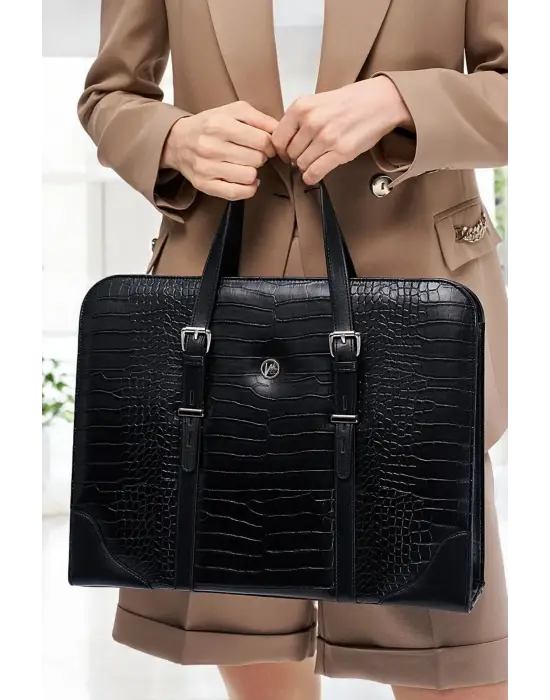 Unisex Lüx 14-15.6 İnç Siyah Kroko Ofis Evrak Laptop Çantası