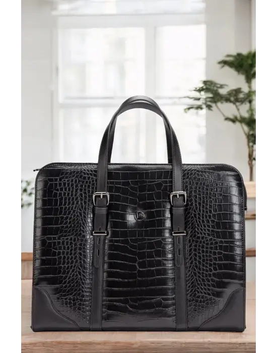 Unisex Lüx 14-15.6 İnç Siyah Kroko Ofis Evrak Laptop Çantası