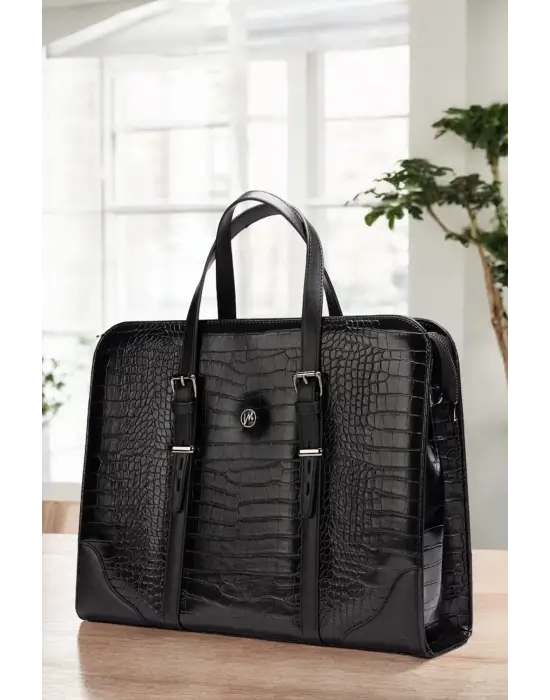 Unisex Lüx 14-15.6 İnç Siyah Kroko Ofis Evrak Laptop Çantası