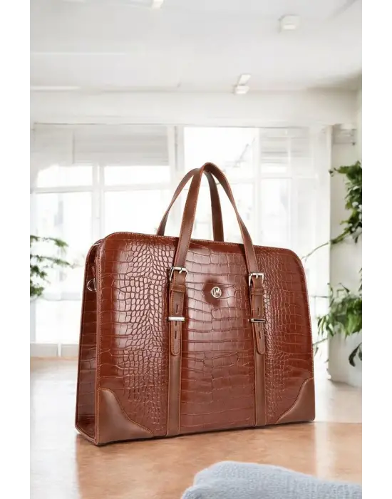 Unisex Lüx 14-15.6 Kroko Taba Ofis Evrak Laptop Çantası