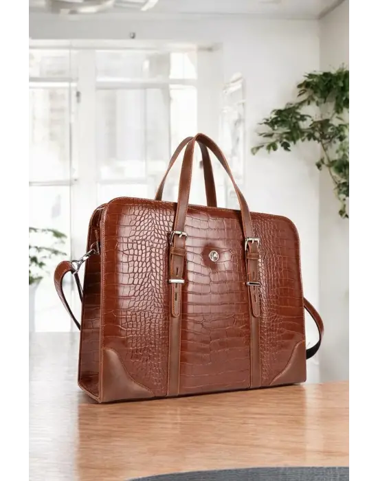 Unisex Lüx 14-15.6 Kroko Taba Ofis Evrak Laptop Çantası