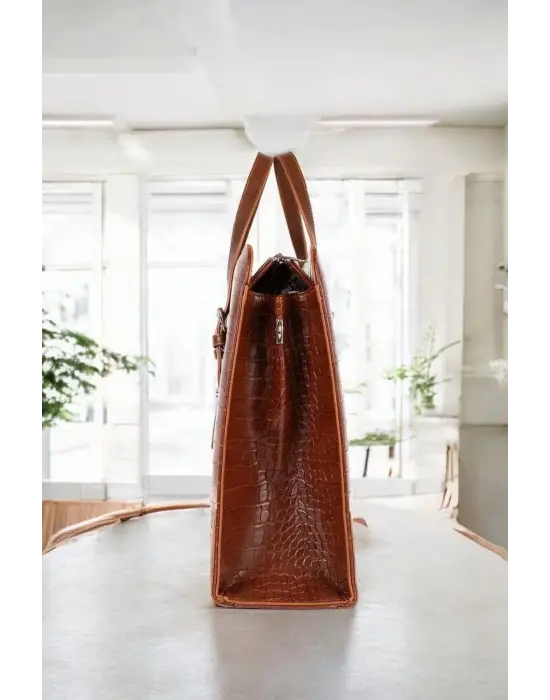 Unisex Lüx 14-15.6 Kroko Taba Ofis Evrak Laptop Çantası