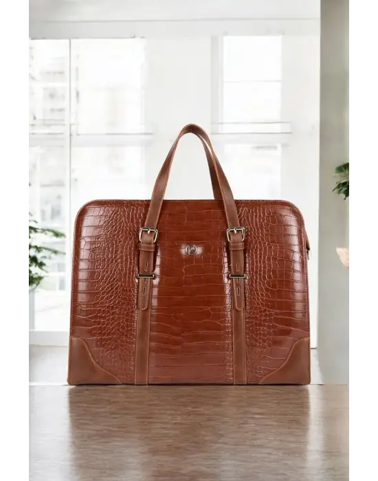 Unisex Lüx 14-15.6 Kroko Taba Ofis Evrak Laptop Çantası