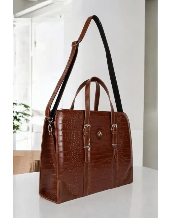 Unisex Lüx 14-15.6 Kroko Taba Ofis Evrak Laptop Çantası