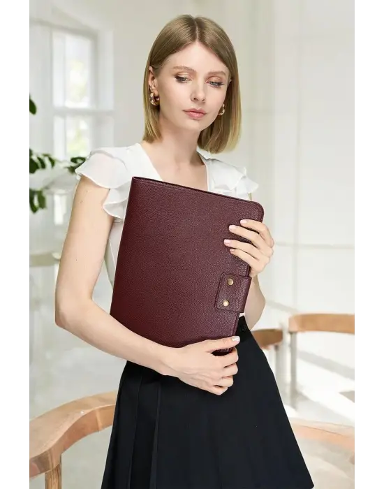 Lüx Macbook Air Pro 13-14 İnç Ofis Organizer Bordo Naturel Evrak & Laptop & Tablet Çantası