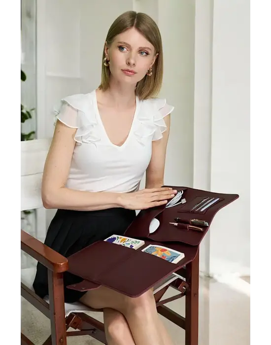Lüx Macbook Air Pro 13-14 İnç Ofis Organizer Bordo Naturel Evrak & Laptop & Tablet Çantası