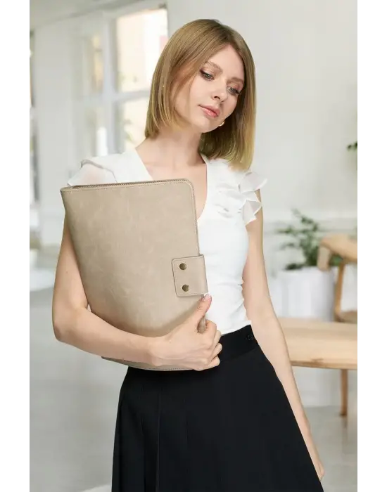 Lüx Macbook Air Pro 13-14 İnç Ofis Organizer Crazy Bej Evrak & Laptop & Tablet Çantası