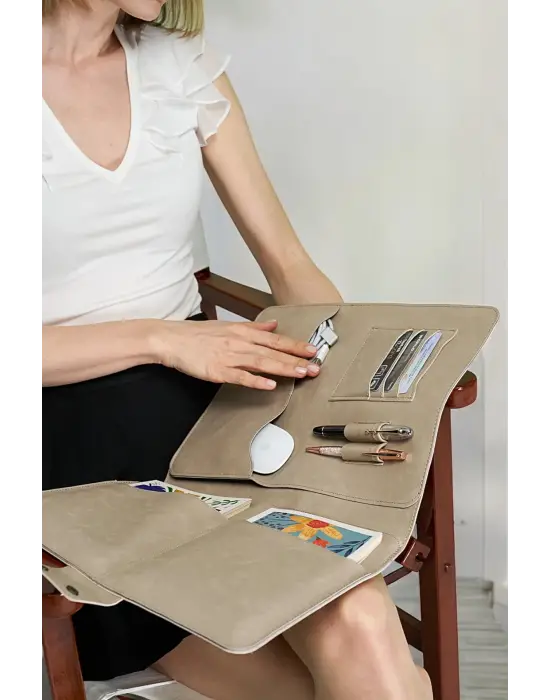 Lüx Macbook Air Pro 13-14 İnç Ofis Organizer Crazy Bej Evrak & Laptop & Tablet Çantası