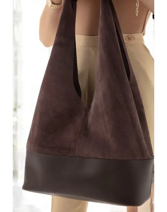 Hakiki Süet Salaş Kadın Kahverengi Omuz Çantası