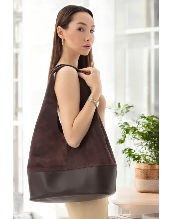 Hakiki Süet Salaş Kadın Kahverengi Omuz Çantası