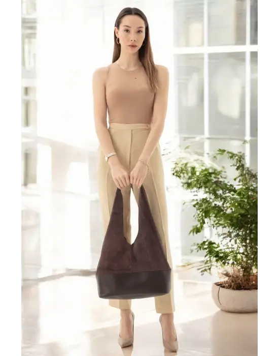 Hakiki Süet Salaş Kadın Kahverengi Omuz Çantası