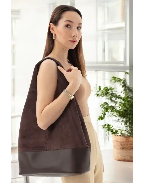 Hakiki Süet Salaş Kadın Kahverengi Omuz Çantası