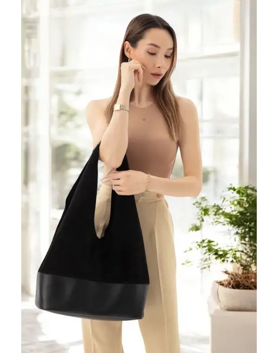 Hakiki Süet Salaş Kadın Siyah Omuz Çantası