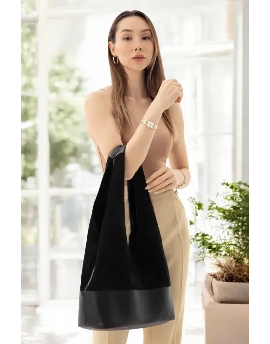 Hakiki Süet Salaş Kadın Siyah Omuz Çantası