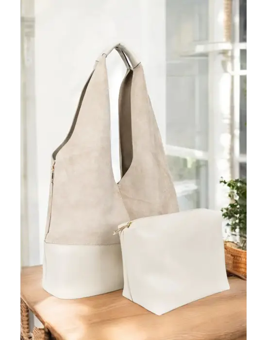 Hakiki Süet Salaş Kadın Ekru Omuz Çantası