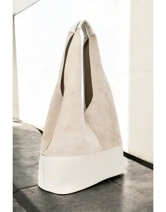 Hakiki Süet Salaş Kadın Ekru Omuz Çantası