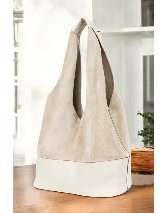 Hakiki Süet Salaş Kadın Ekru Omuz Çantası