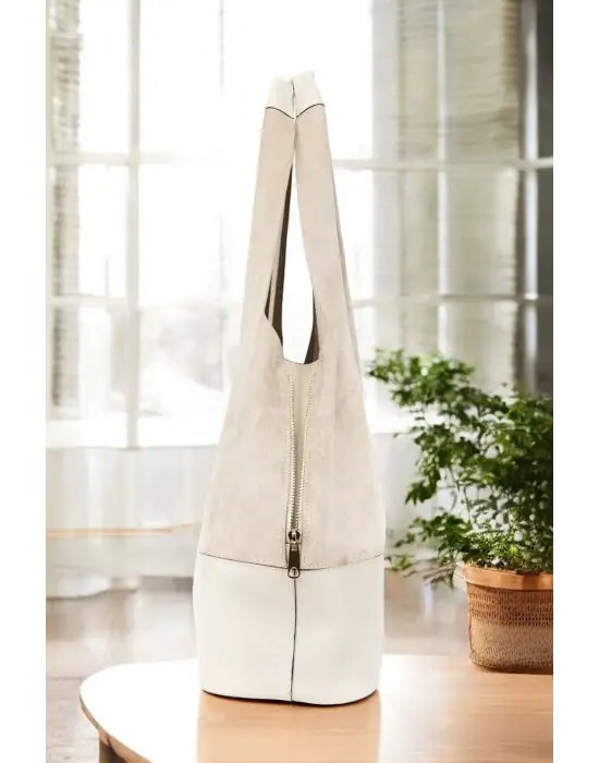 Hakiki Süet Salaş Kadın Ekru Omuz Çantası