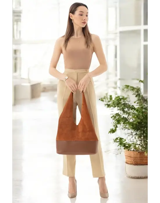 Hakiki Süet Salaş Kadın Taba Omuz Çantası