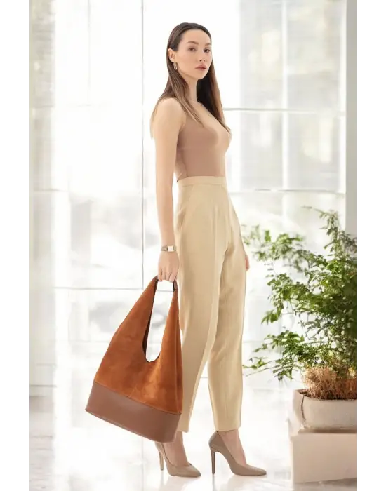 Hakiki Süet Salaş Kadın Taba Omuz Çantası