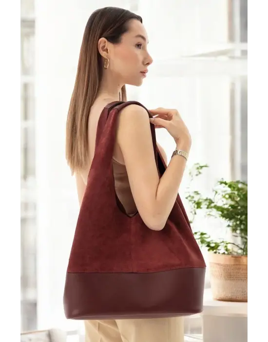 Hakiki Süet Salaş Kadın Bordo Omuz Çantası