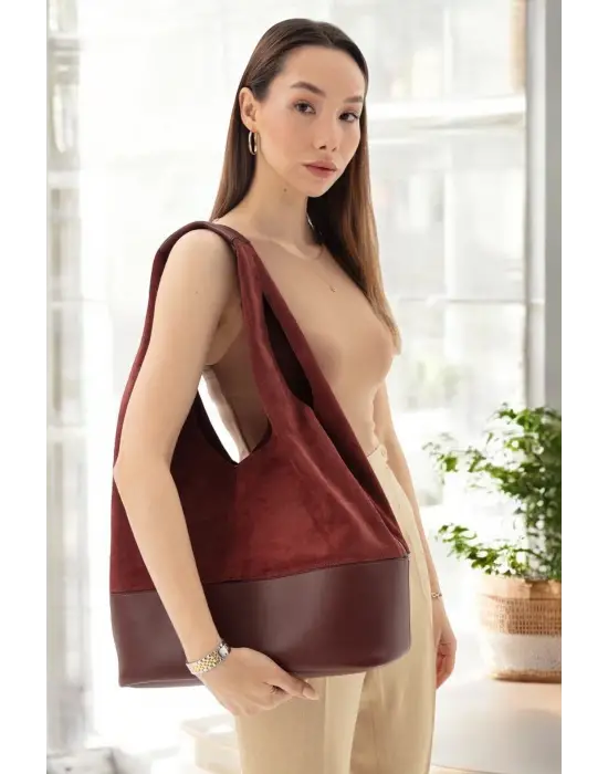 Hakiki Süet Salaş Kadın Bordo Omuz Çantası