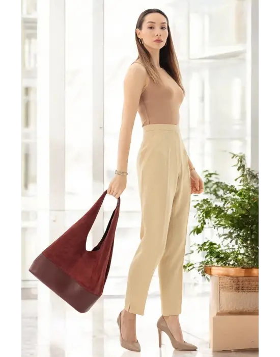 Hakiki Süet Salaş Kadın Bordo Omuz Çantası