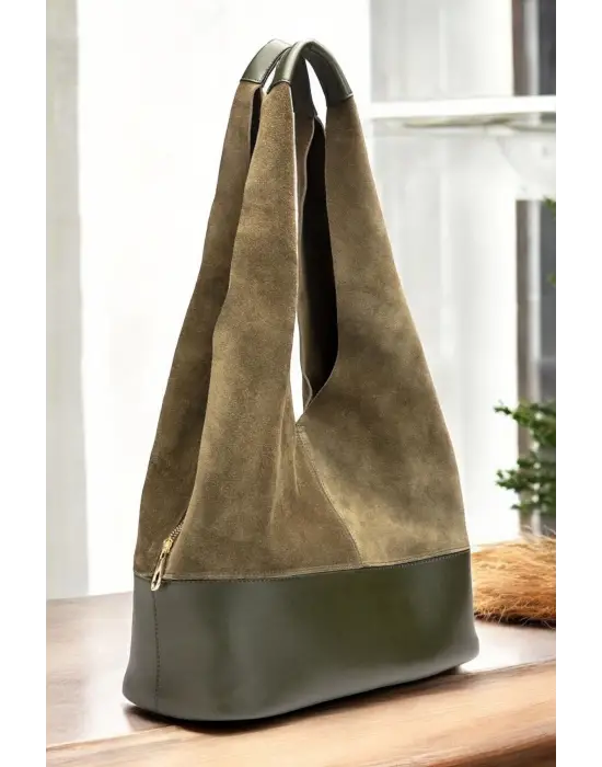 Hakiki Süet Salaş Kadın Haki Omuz Çantası